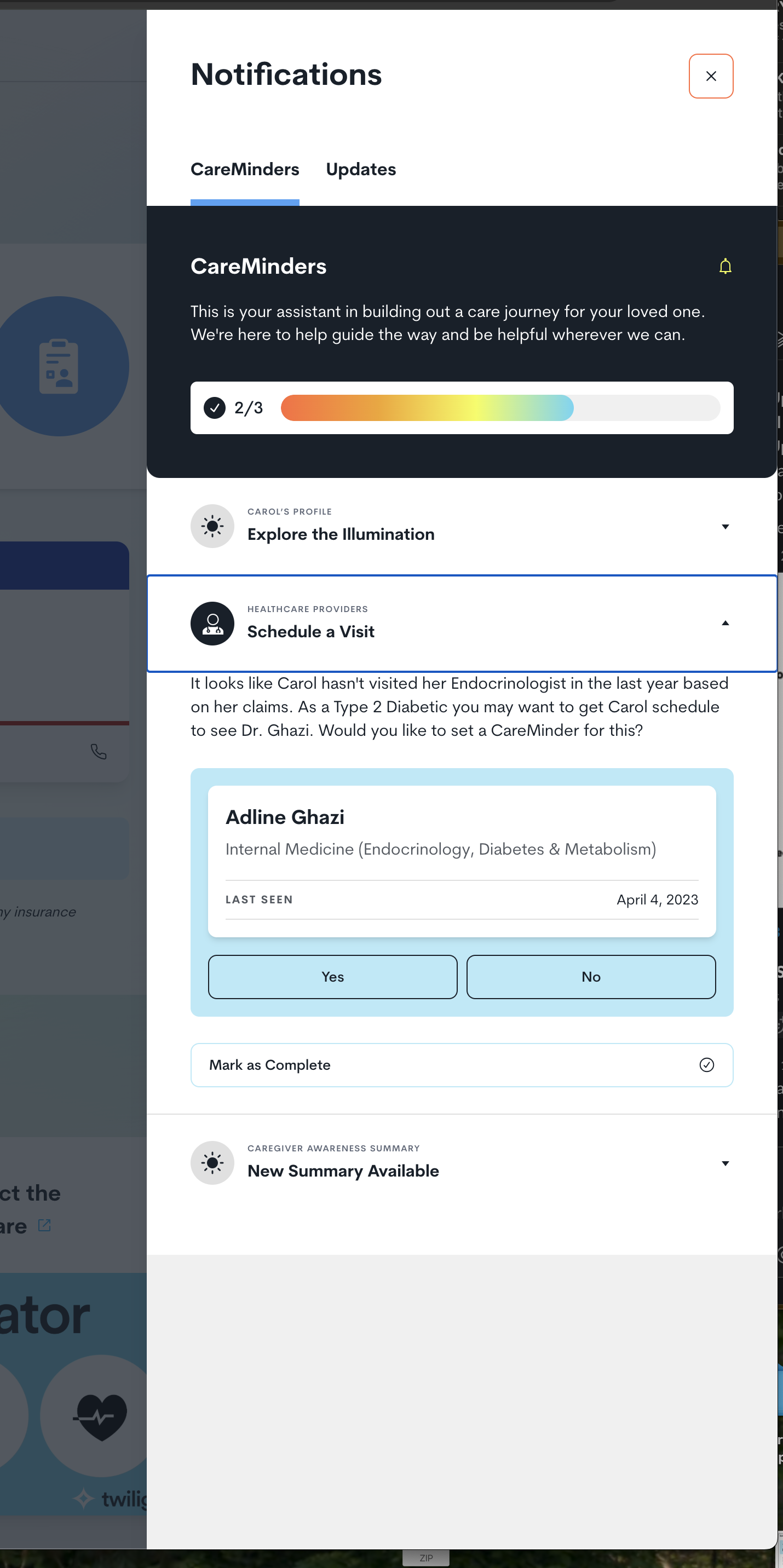 CareMinders interface showing personalized health notifications and care coordination tools