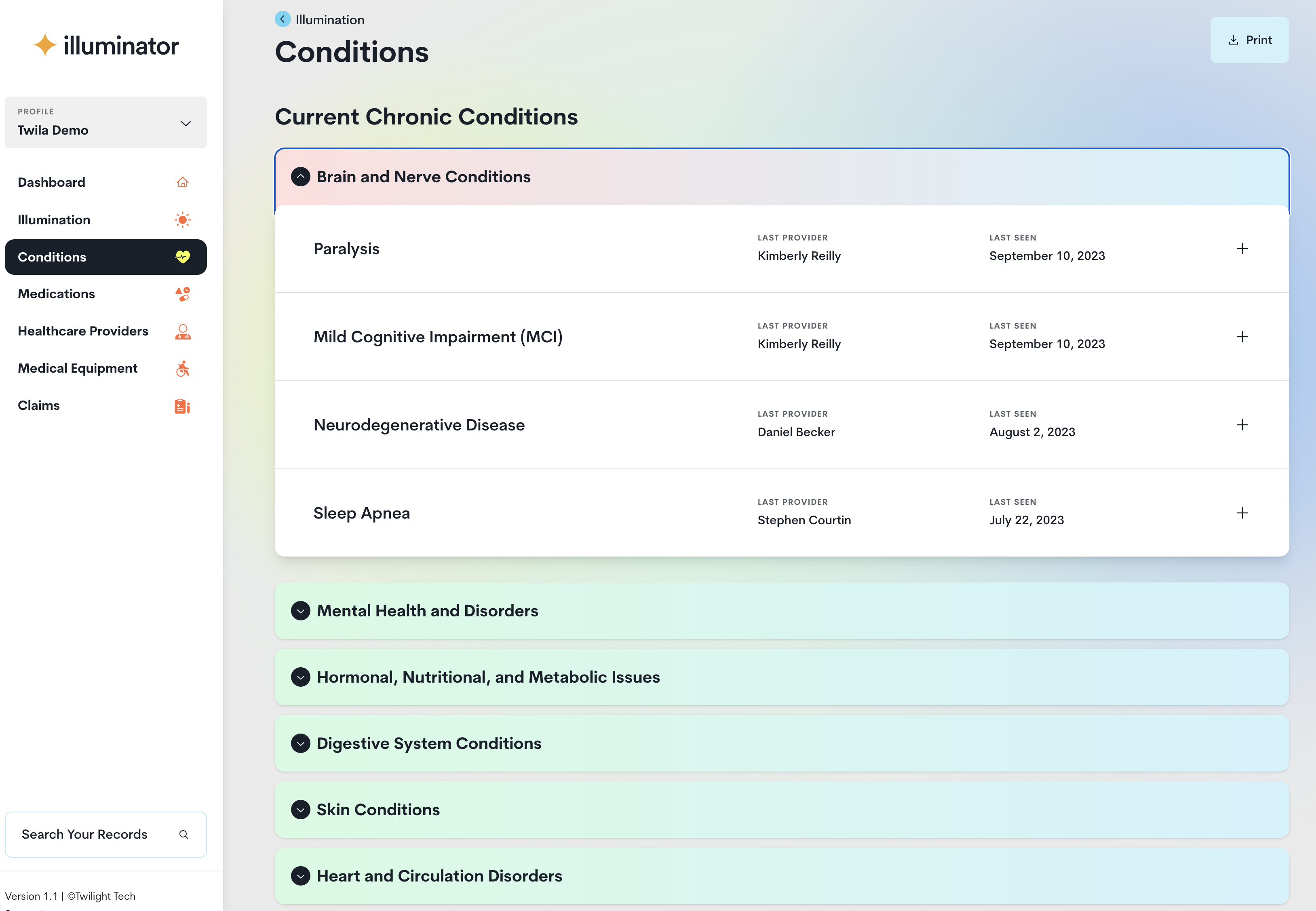 Illuminator conditions dashboard showing health conditions and when they were last treated