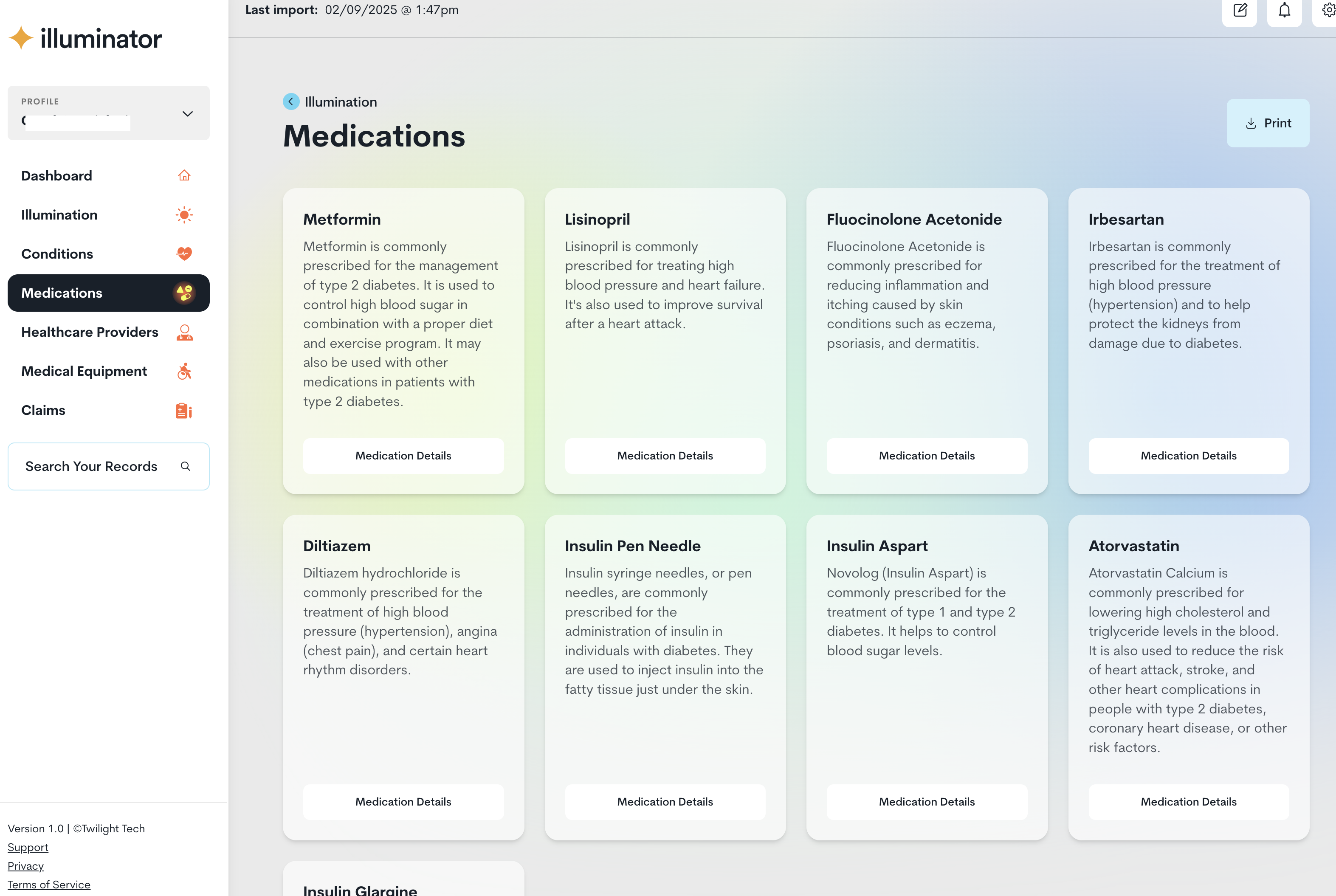 Illuminator medications dashboard showing current medications and medication history