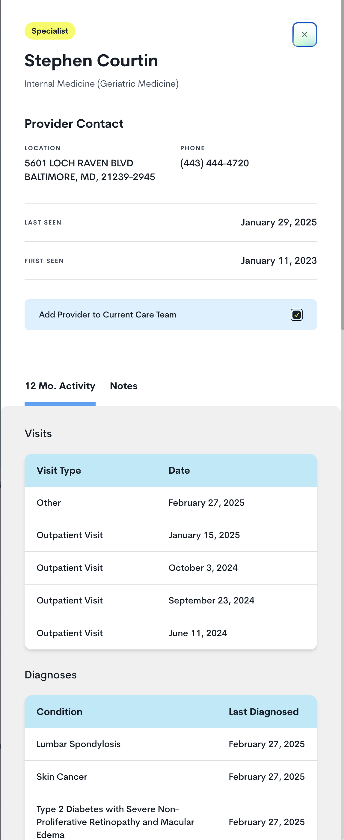 Illuminator provider details showing visit history and diagnoses