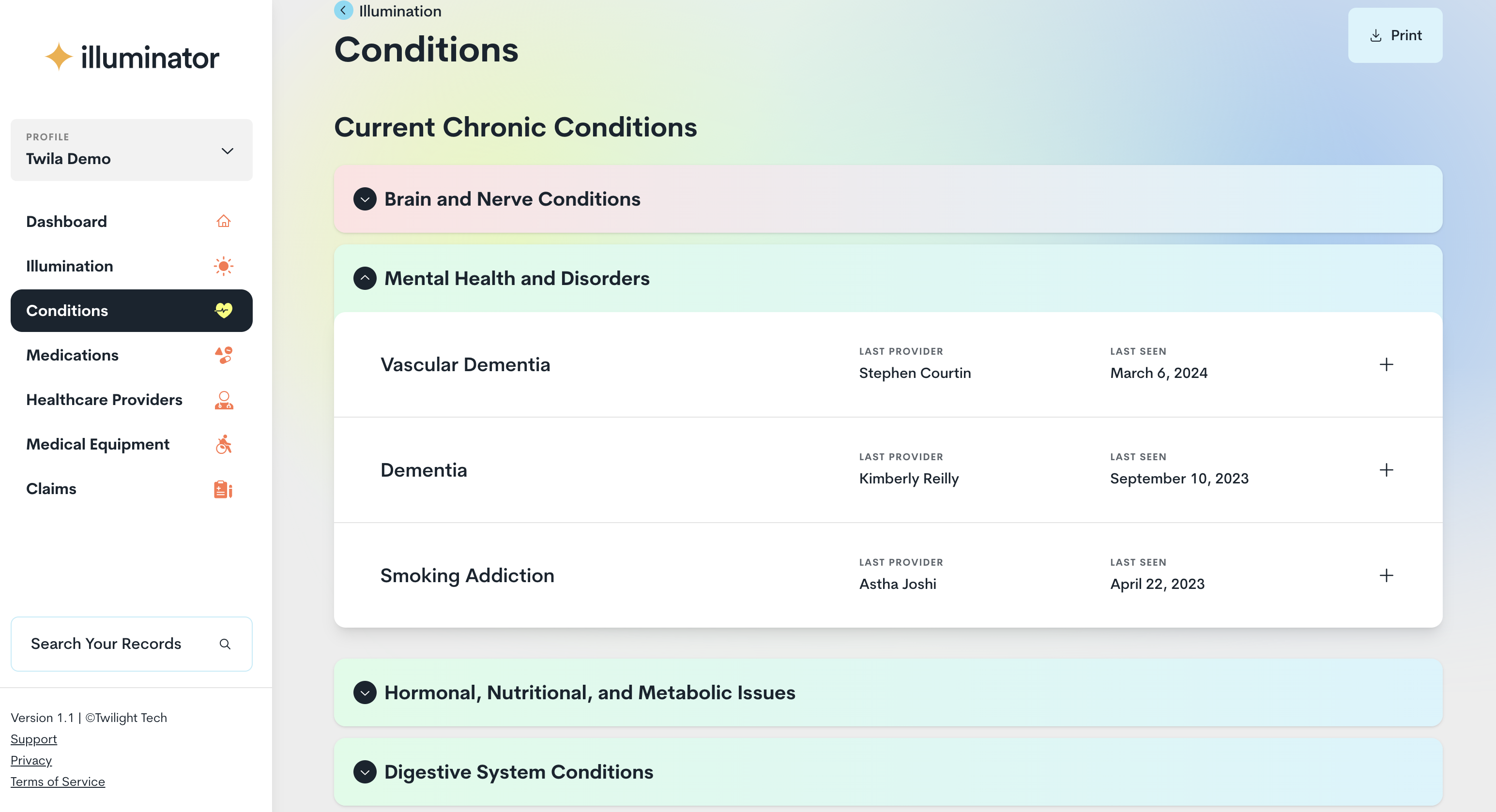 Illuminator payers dashboard showing conditions and healthcare analytics