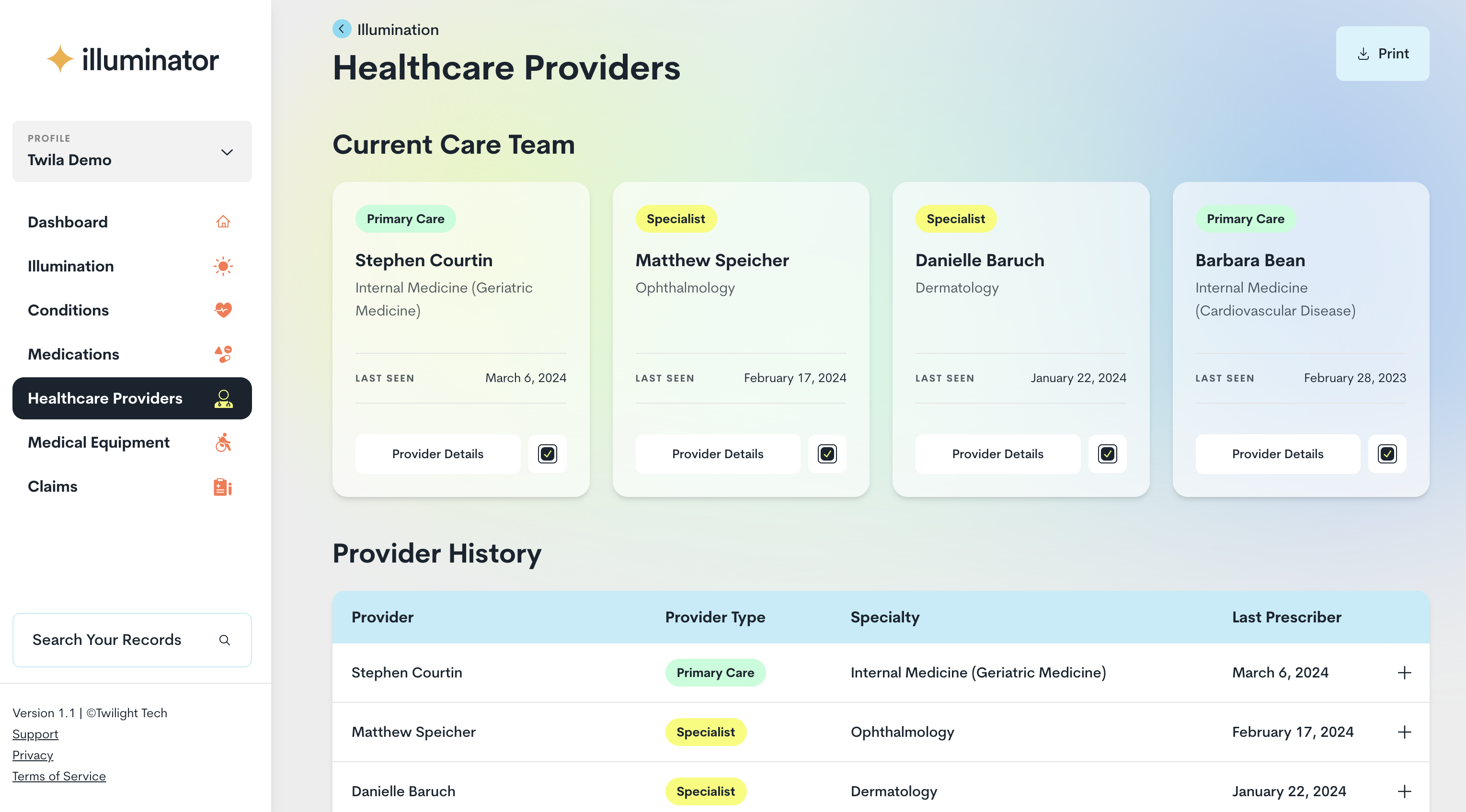 Illuminator provider dashboard showing patient data and care management interface