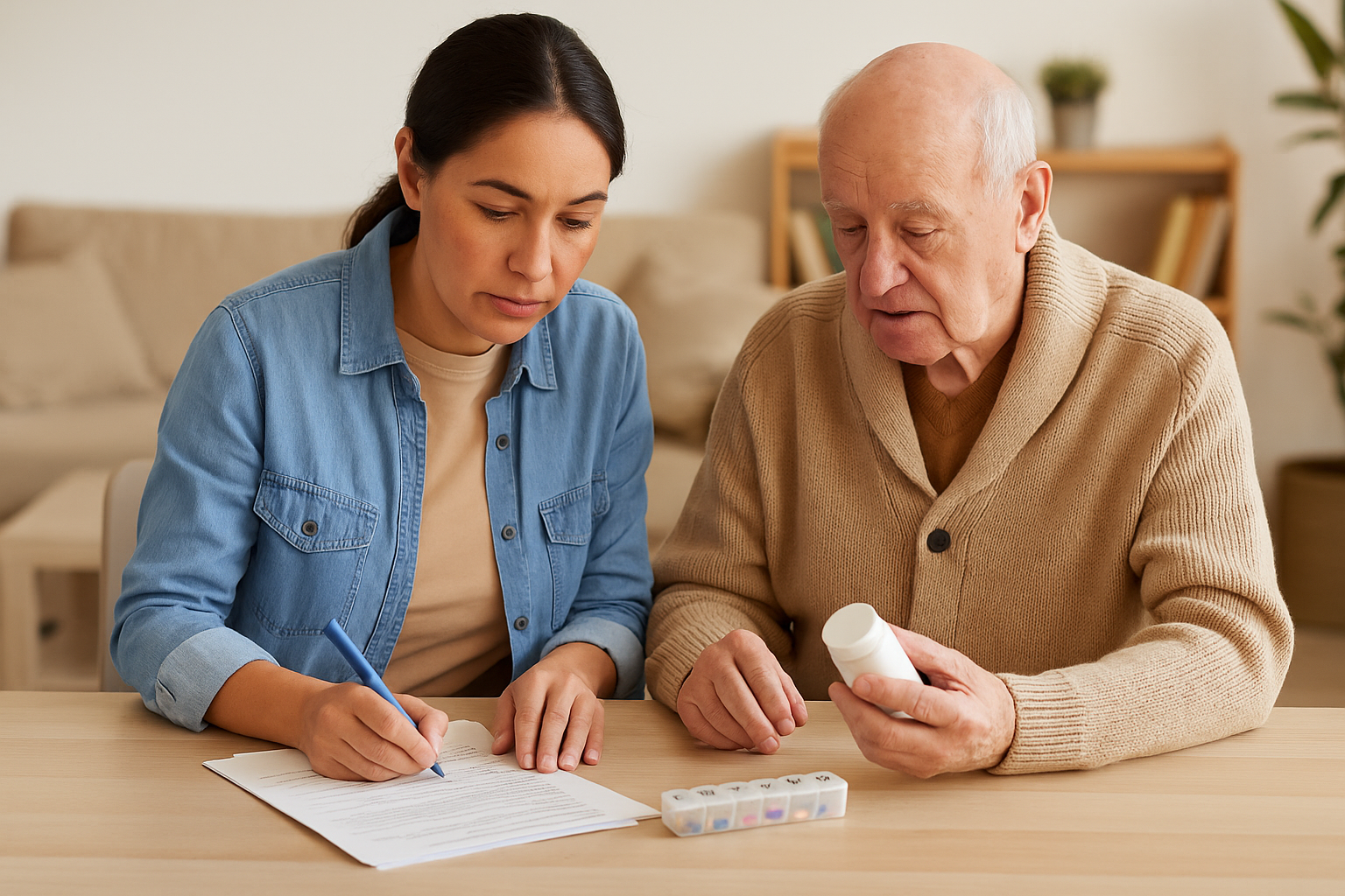 Growing caregiving concerns - adult child helping elderly parent with medications and paperwork