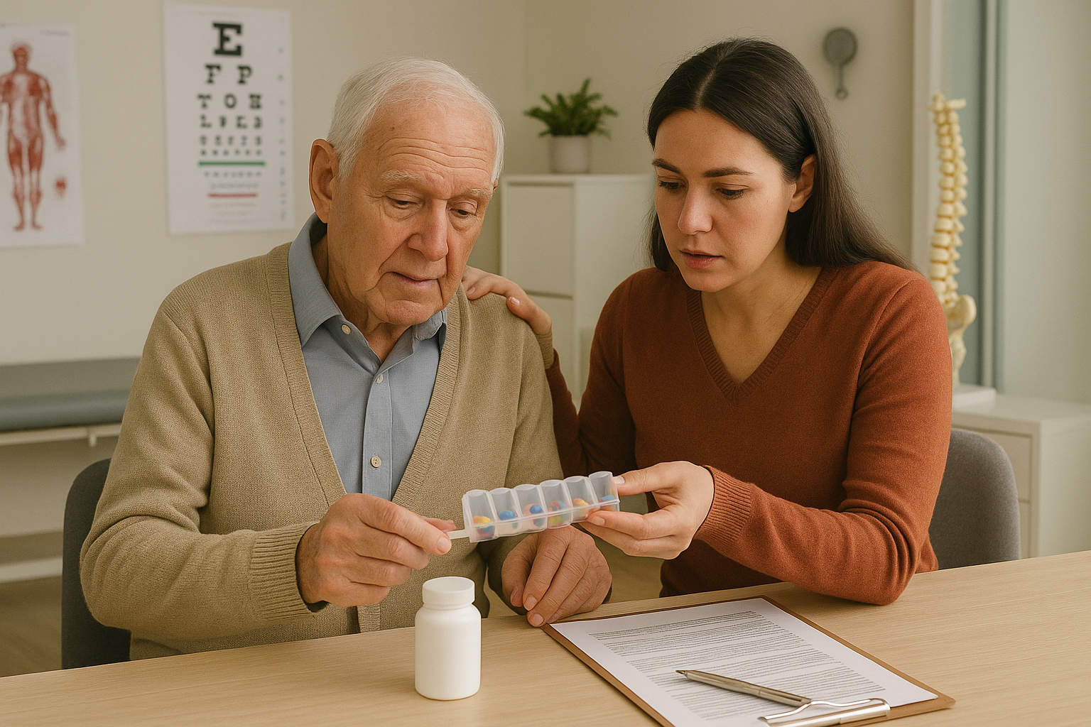 Health immersion caregiving stage - woman helping elderly father with medication management in a medical office